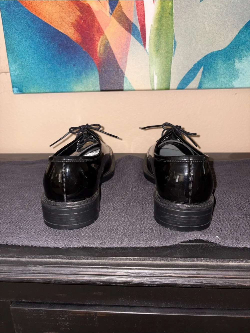Men’s American Vintage Gloss Black Leather Dress Shoes Polished Oxfords, size 12